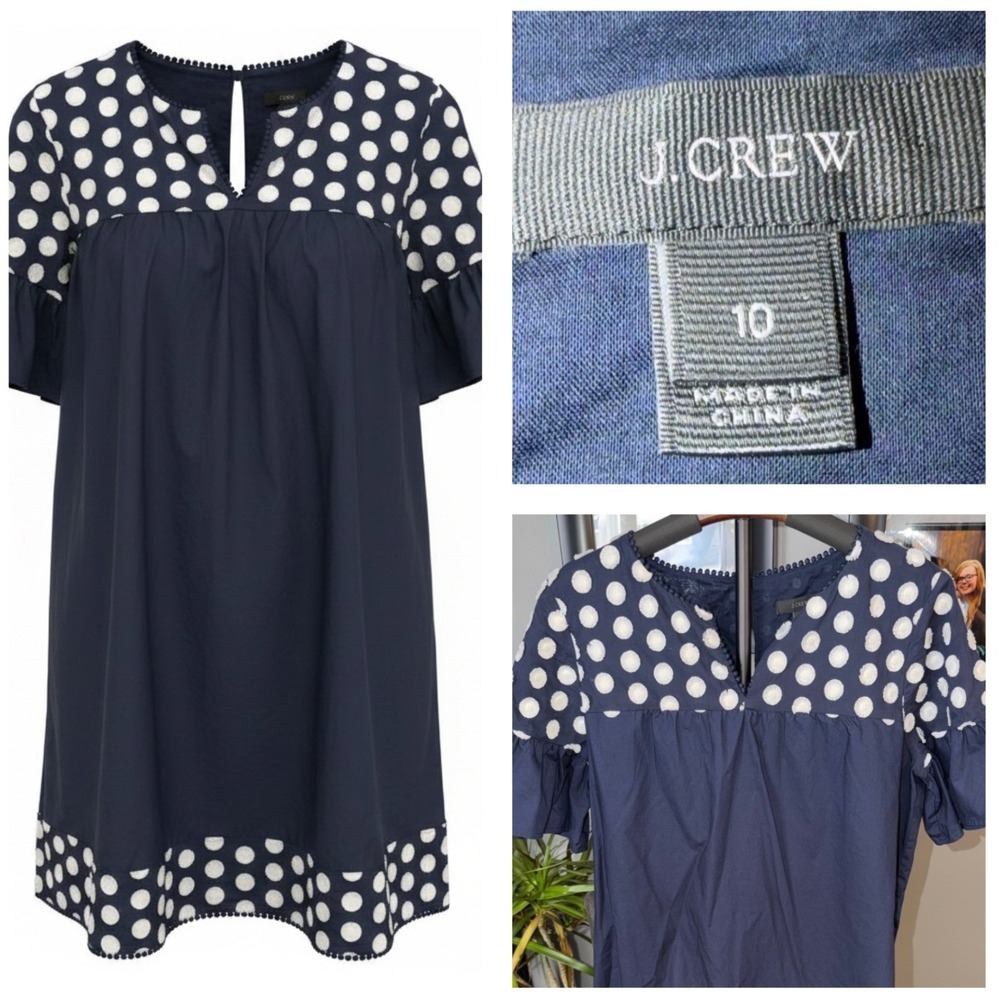 J.Crew Embroidered Polka Dot Shift Dress Pom Trim Preppy Quiet Luxury Size 10